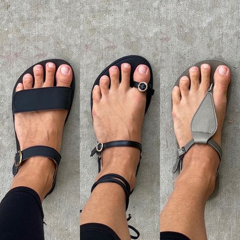 A collage of the same left foot wearing 3 different dressy vegan barefoot sandals - the Tikki Vibe from Anya's Shop, a Highfeels sandal, and Lonnies barefoot sandals Leather Barefoot Sandals, Best Barefoot Shoes, Closed Toed Shoes, Vegan Sandals, Running Sandals, Scottish Fashion, Minimalist Shoes, Barefoot Shoes, Diy Shoes