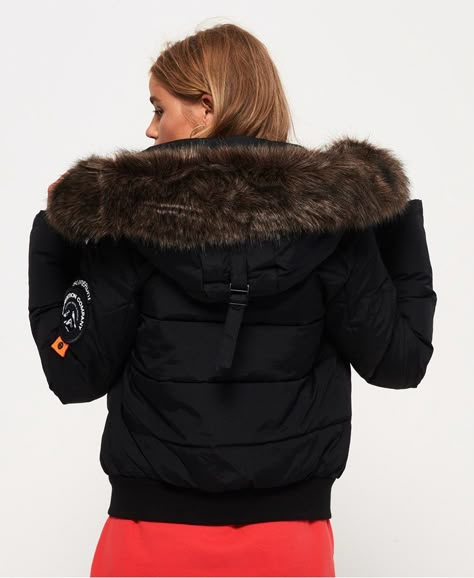 Womens - Everest Ella Bomber Jacket in Black | Superdry UK Black Winter Jacket, Cotton Lycra Fabric, Fur Hood Jacket, Superdry Women, Quilted Coat, Coat Outfits, Coat Women, Fur Hood, Winter Jackets Women