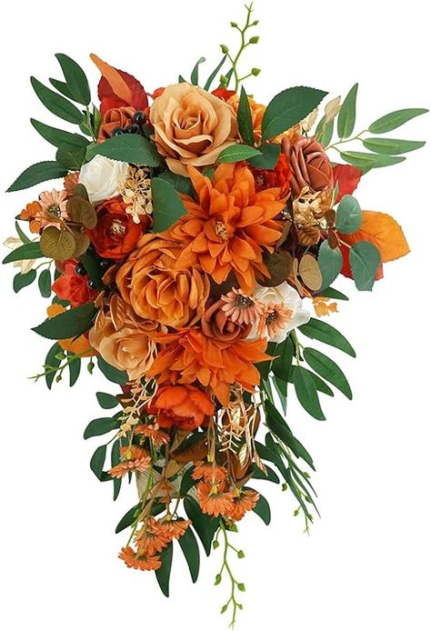 Size: 17.72 inches high, 11 inches in diameter. Materials: made of burnt orange peonies, cream roses, burgundy roses,terracotta roses, green leaves, orange daisy, brown eucalyptus and ribbons. These fake flowers and fake greens are handmade with bright colors, elegant shapes and realistic appearance. They will not wither in a short time during the wedding like real flowers, and will not fade, can stay beautiful forever. Rust Flower Bouquet, Rustic Floral Bouquet, Hanging Bridal Bouquet, Burnt Orange Flower Bouquet, Bride Bouquets Fall, Tiger Lily Wedding Bouquet, Orange And Green Bouquet, Fall Wedding Bouquets October, Wedding Bouquets Orange