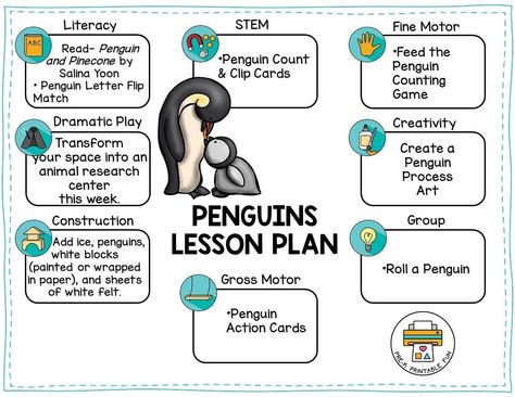 Download this free lesson plan for your Penguins theme! Subscribe to our newsletter and receive 50+ Preschool Lesson plans (including this one) delivered to your inbox for free! #prekprintablefun #preschool #teachersofinstagram #teachersfollowteachers #teachersofig #earlychildhoodeducation #earlychildhood #earlylearning Penguin Preschool Activities, Preschool Penguin, Penguin Preschool, January Lesson Plans, Daycare Lesson Plans, Daycare Spaces, Winter Lesson Plan, Penguin Activities, Daycare Themes