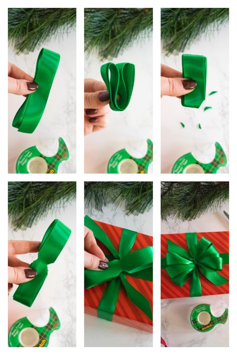 How To Tie Christmas Bows On Presents, How To Tie Gift Ribbon, Tie A Bow On A Present, Easy Gift Bows With Ribbon, Christmas Present Bows Diy Ribbons, Simple Bows For Presents, Tying A Gift Bow, How To Tie Present Bow, How To Tie A Bow On A Package