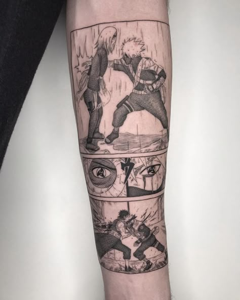 Anime Leg Tattoo Men, Manga Panels Tattoo, Manga Panel Tattoos, Kakashi Tattoo, Dbz Tattoo, Mens Tattoos, Tattoo Anime, Manga Tattoo, Naruto Tattoo