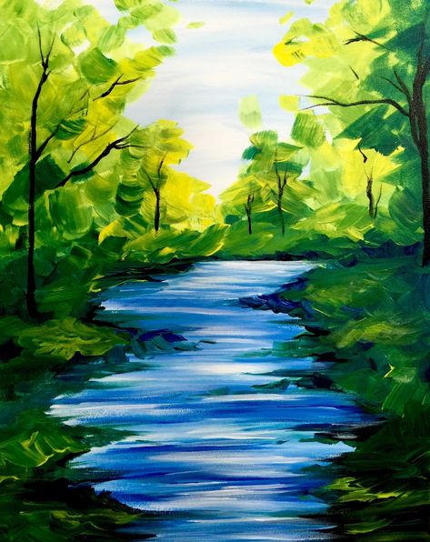 Practice a basic river shape.  One point perspective. Nature Paintings Acrylic, Easy Landscape Paintings, Rooster Painting, River Painting, Paint Nite, Scenery Paintings, Canvas Paint, Summer Painting, Landscape Paintings Acrylic