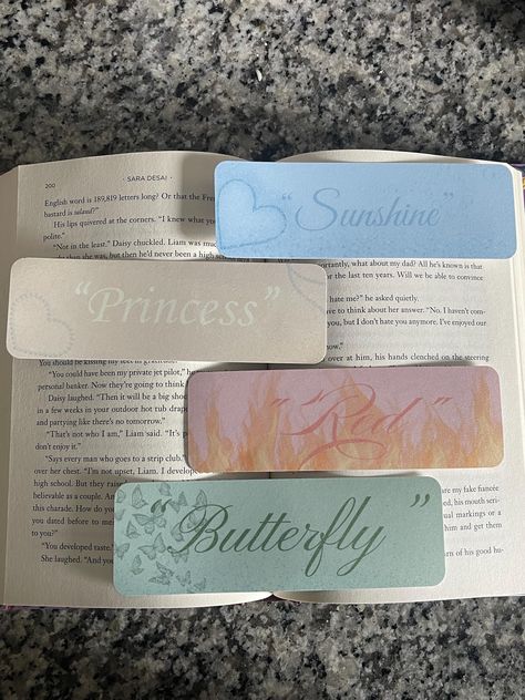 Handmade Bookmarks inspired by the Twisted Series !  Each bookmark has the nickname given to the fmc with colors inspired by the covers of the book. You can grab them all together for a discount, or just your favorite one. Book Marks Design Ideas, The Twisted Series, Josh Chen, Christian Harper, Rhys Larsen, Calligraphy Quotes Doodles, Romance Series Books, Bookmarks For Books, Handmade Bookmarks