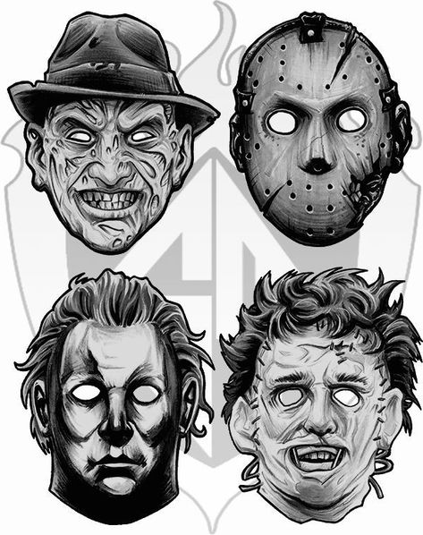 Leatherface Tattoo Ideas, Leather Face Drawing, Horror Artwork Drawings, Scream Tattoo Design, Movie Tattoo Flash, Horror Characters Drawings, Leatherface Drawing, Drawing Ideas Horror, Slasher Tattoo