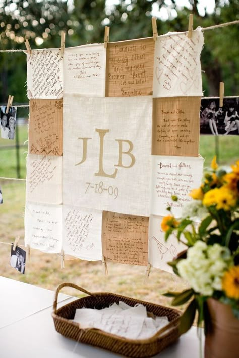 guest book quilt! you could do this for a wedding, wedding shower, or baby shower (have the guest write a note to the baby for her graduation from high school, then take the pieces back home and put together keep adding other things to itover the years) Guest Book Quilt, Wedding Guest Book Quilt, Creative Guest Book, Diy Wedding Guest Book, Wedding Guest Signing, Wedding Quilt, Quilt Square, Wedding Guest Book Alternatives, Nontraditional Wedding