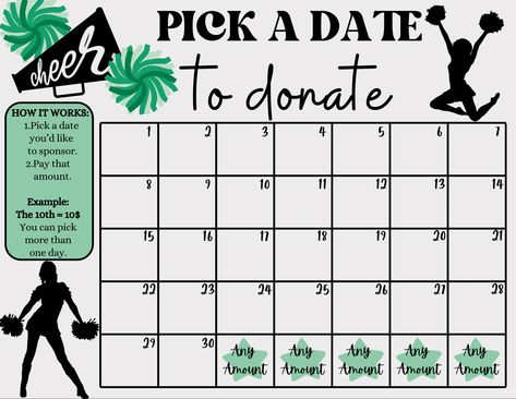 Cheer Pick a Date to Donate, Fundraiser Idea, Pay the Date Fundraiser, Cheerleading Fundraiser, My Cheer Season, Fundraiser Calendar - Etsy Cheerleading Fundraiser Ideas, Cheer Fundraising Ideas, Cheerleader Fundraiser, Cheer Fundraiser Ideas, Dance Team Fundraisers, Cheer Fundraiser, Calendar Fundraiser, Cheerleading Fundraiser, Cheer Season