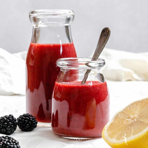 This 5-Minute Blackberry Vinaigrette is perfectly sweet and tangy. It's easy to make and will complement your salads so well. Make this 5-Minute Blackberry Vinaigrette today! Blackberry Dressing Recipe, Blackberry Salad, Lentil Potato Soup, Classic Salad, Berry Sauce, Leafy Green Salads, Vegan Grilling, Nut Milk Bag, Vegan Lunches