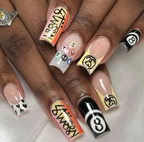 Eightball Nails, Stussy Nails, Human Claws, Poker Set, Vacation Nails, 8 Ball, Yellow Nails, Orange Nails, Nails Design