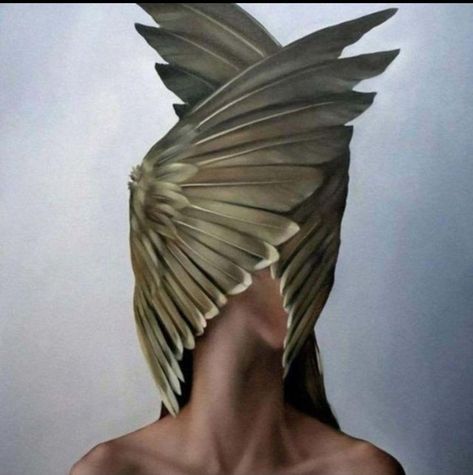 Wings Covering Face, Wings On Head, Women Self Portrait, Woman Self Portrait, Colorful Feathers, Feminine Beauty, Face Art, Self Portrait, Antonio Mora Artwork