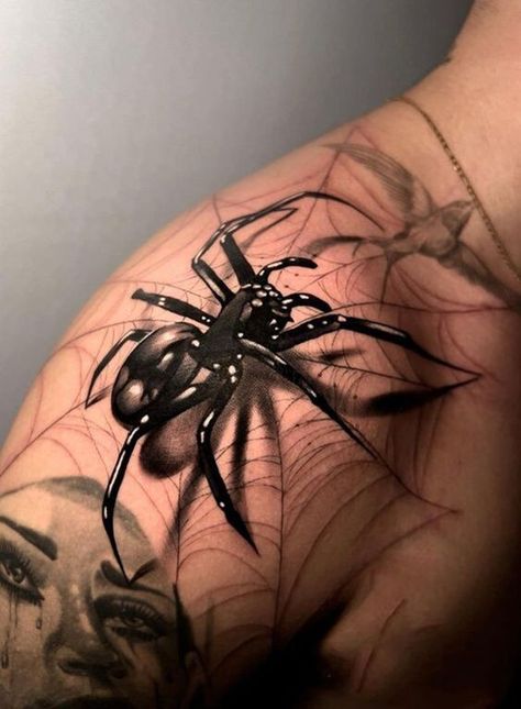 Spectacular Spider-Man Tattoo Trends of 2024 - Designs & Ideas Spider Arm Tattoos Men, Spider Shoulder Tattoo Men, Spider Shoulder Tattoos For Women, Spider Tattoo On Shoulder, Spider Tattoos Men, Spider Web Tattoo Stencil, Spider Shoulder Tattoo, Spider Tattoo Shoulder, Spider Back Tattoo