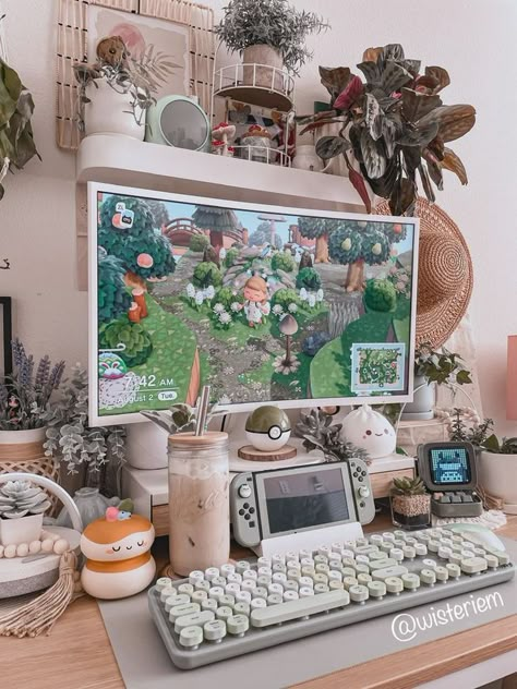 Cozy Aesthetic Gaming Setup, Acnh Gaming Room, Nintendo Decor, Colorful Keyboard, Cozy Games, Cozy Gaming, Cozy Desk, Wireless Keyboard And Mouse, Gamer Setup