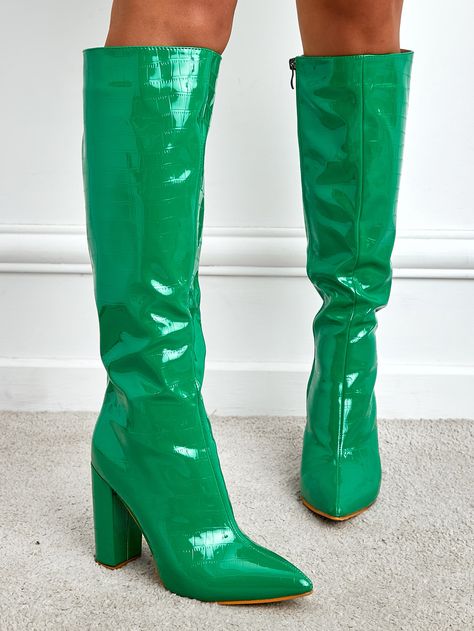 Summer Ankle-high Green Boots, Green Knee-high Heeled Boots For Fall, Green Ankle-high Heeled Boots For Party, Green Fitted High Heel Knee-high Boots, Green High Heel Knee-high Party Boots, Womens High Boots, Green Boots, Winter Shoes For Women, Chunky Shoes