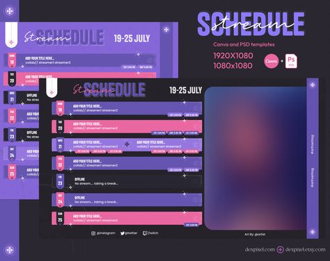 Purple Pink Stream Schedule | Vtuber Schedule | Simple Weekly Schedule For Streamers | Cute Pastel Color Tones | Canva and PSD included With this super simple and cute stream schedule, you can easily add and create your stream schedule and weekly planner, Perfect for Vtubers or any streamer that likes to be on schedule. Super easy to use and edit with Canva and Photoshop. Please check the previews for the example of the setup, notice that girl artwork is not included in the download it is only p Vtuber Schedule, Stream Schedule, Cute Pastel, Weekly Schedule, Schedule Design, Color Tones, Psd Templates, Super Simple, Weekly Planner