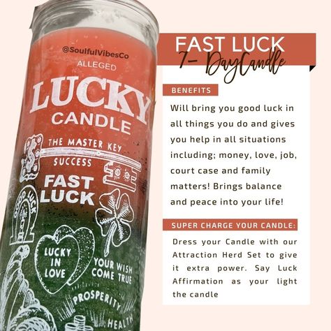 Fast Luck 7-Day Candle will bring you good luck in all things you do and gives you help in all situations including; money, love, job, court case and family matters! Brings balance and peace into your life! ⁠ 💥 We offer this 'Fast Luck 🍀 Candle" on our website at SoulfulVibesCo.com 🔗 Link in Bio to SHOP with us today.⁠ ⁠ #svctribe #candlemagic #loveandlight #witchesofinstagram #magic #magick #candlemagick #spell #witches #witchy #candles #witch #ritualandchill #spellcasting #candle Hoodoo Delish, Candles Witch, Money Candle Spell, Candle Color Meanings, Witchy Candles, Spiritual Tips, Love Job, Witchcraft Candles, Hoodoo Spells