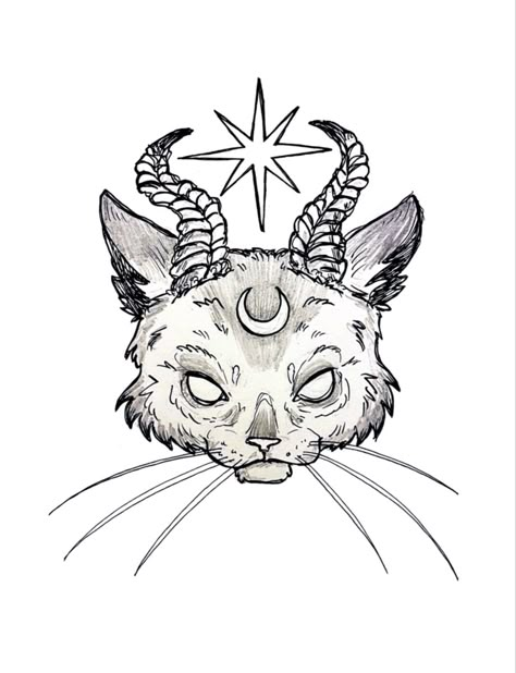 Cat With Horns Drawing, Cat With Horns Tattoo, Demon Cat Tattoo, Satanic Cat Tattoo, Horror Cat Tattoo, Weird Cat Tattoo Designs, Artwork Sketches, Eraser Pencil, Optical Illusion Tattoos