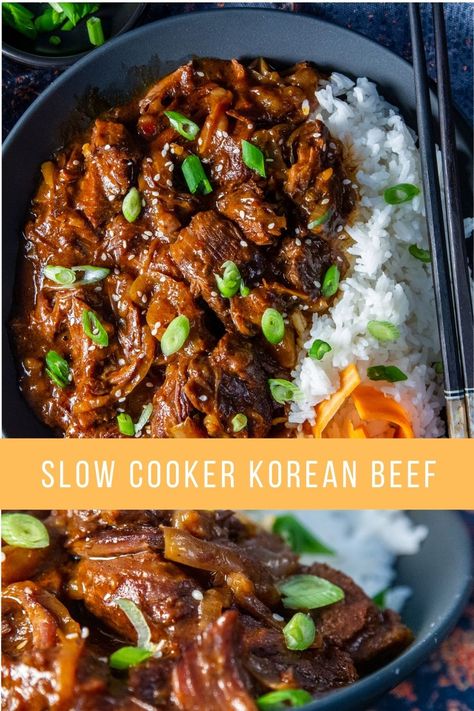 Slow Cooker Korean Beef - Slow cooker Korean Beef is a mouth wateringly aromatic dish. Tender chunks of beef are slowly cooked in a sweetly spiced dark and sticky sauce. Serve with plump jasmine rice, this one is not to be missed! Slow Cooker Stir Fry Beef, Beef Chunks Slow Cooker Recipes, Slow Cooker Chinese Beef, Slow Cooker Bulgogi Beef, Slow Cooker Minced Pork, Slow Cooker Mince Recipes, Slow Cooker Minced Beef Recipes, Brisket Slow Cooker Recipes, Autumn Slow Cooker Recipes