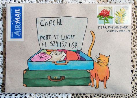 Mid-century mail-art Cat Envelope, Snail Mail Art, Mail Art Envelopes, Calligraphy Envelope, Decorated Envelopes, Pen Pal Letters, Vintage Suitcases, Envelope Art, Envelope Design