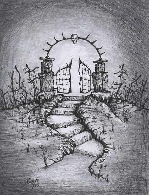 Scary Landscape Drawing, Cemetery Drawing Easy, Cemetery Drawing Graveyards, Outside Drawing Ideas, Graveyard Drawing Illustration, Scary Background Drawing, Cemetery Sketch Drawings, Mysterious Doorway Drawing, Crooked House Drawing