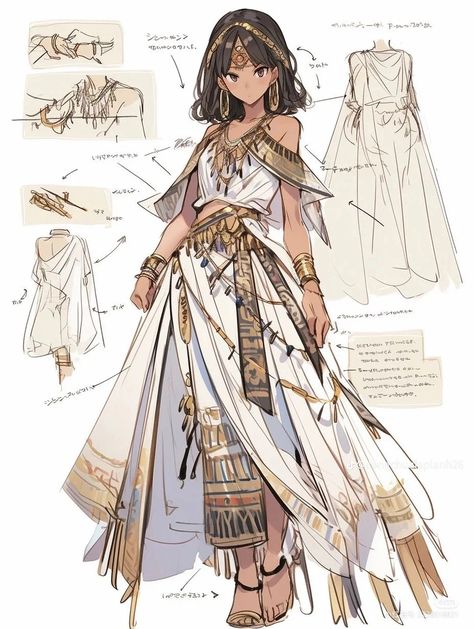 Egyptian Outfit Drawing, Egyptian Clothes Drawing, Egyptian Fantasy Clothes, Ancient Egyptian Dress, Egyptian Character Design, Egyptian Outfit, Egypt Outfits, Drawing Pics, Egyptian Clothing