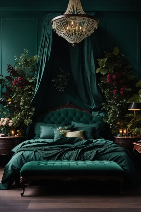 Immerse yourself in the enchanting allure of this dark green moody romantic lavish master bedroom. The deep emerald hues envelop the room, evoking a sense of intimacy and grandeur. Elegantly adorned with opulent gold accents, a sumptuous bed, and rich textures, this bedroom is the epitome of luxury. The soft ambient lighting sets the mood for romance, while the sophisticated furnishings and décor create a regal retreat that is perfect for getting lost in your dreams. Emerald Bedroom, Emerald Green Bedrooms, Simple Bed Designs, Double Bed Designs, Bed Interior, Halloween Bedroom, Feminine Bedroom, Wooden Bed Design, Moody Bedroom