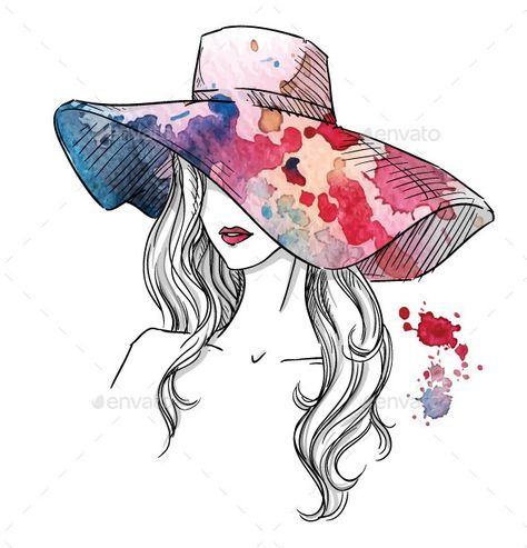 Sketch of a Girl in a Hat - People Characters Hat Fashion Illustration, Sketch Of A Girl, Hat Vector, Mens Fashion Illustration, Nature Green, Art Et Illustration, Girl Sketch, Art And Illustration, Illustration Sketches