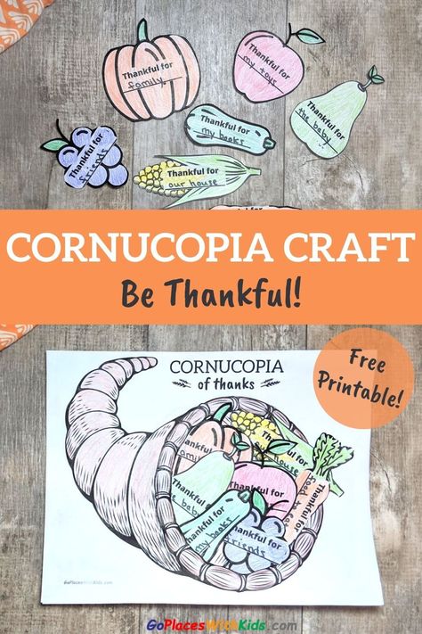 This easy cornucopia craft is a great way for kids to think of all that they are thankful for this Thanksgiving season! Write what you are thankful for on the fruit and vegetables and place them in the cornucopia. Free printable! Thanksgiving Crafts Cornucopia, Toddler Craft Thanksgiving, Free Cornucopia Printable, Thanksgiving Art For Elementary Students, Fall Crafts For Students, Cornicopia Crafts For Preschool, Thankfulness Crafts For Kids, Easy November Crafts For Kids, Cornucopia Craft For Kids