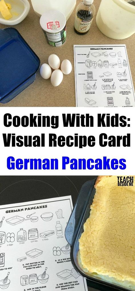 Kids Cooking Lesson: How to Make German Pancakes with a visual recipe for young kids to learn! Also includes a video lesson for kids to watch and learn from.  via @karyntripp Homeschool Cooking Lessons, Kids Cooking Lessons, Prek Homeschool, Kid Cooking, Cooking With Kids Easy, Education Printables, Homeschool Family, German Pancakes, Picky Eaters Kids