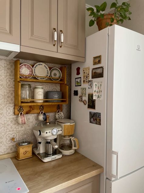 French Country Kitchens Apartment, Mug Cabinet Aesthetic, Ny Apartment Kitchen, Small Kitchen Additional Storage, Turn A House Into A Home, First Home Interior, Kitchen Ideas Aesthetic Cozy, Diy Cheap Home Renovations, Tiny Cupboard Ideas