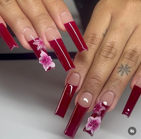 Red Flower Nails, Rockabilly Nails, Pink Acrylic Nail Designs, Rave Nails, Deep Red Nails, Long Red Nails, Colored Acrylic Nails, Work Nails, Glow Nails