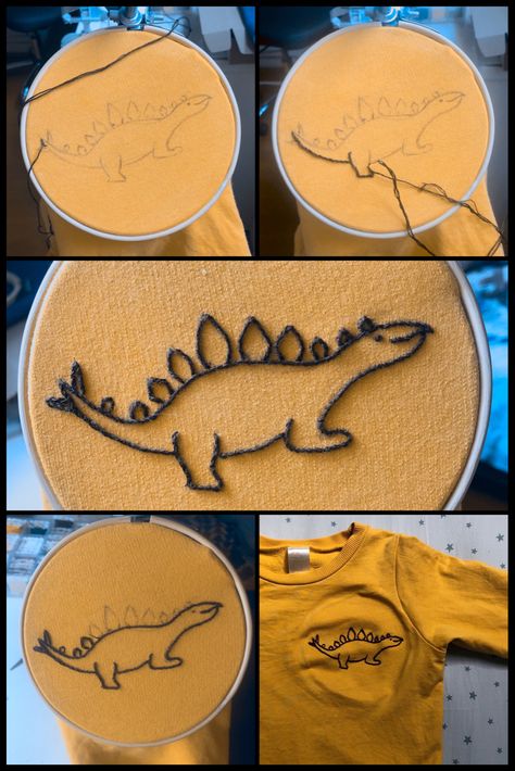 Mixed Medium Embroidery, Embroidery Dinosaur Simple, Dinosaur Embroider, Hand Embroidered Dinosaur, Dinosaur Hand Embroidery, Dinosaur Embroidery Design, Dinosaur Embroidery Pattern, Embroidery Tshirt Ideas, Embroidery Designs For Men