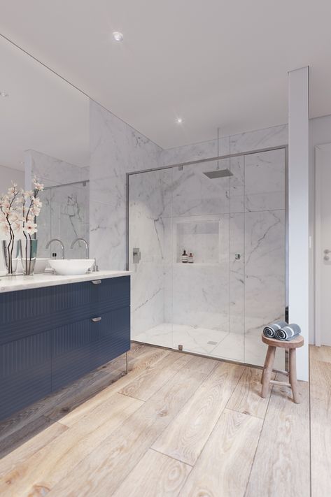 Marble Ensuite Small Bathrooms, Ensuite Bathroom Ideas Blue, Semi Frameless Shower, Bathroom Black Framed Shower Screen, Semi Frameless Shower Screen, Open Storage Chrome Double Bathroom Vanity, Modern Ensuite, Luxury Bathroom Interior, Modern Bathroom Remodel