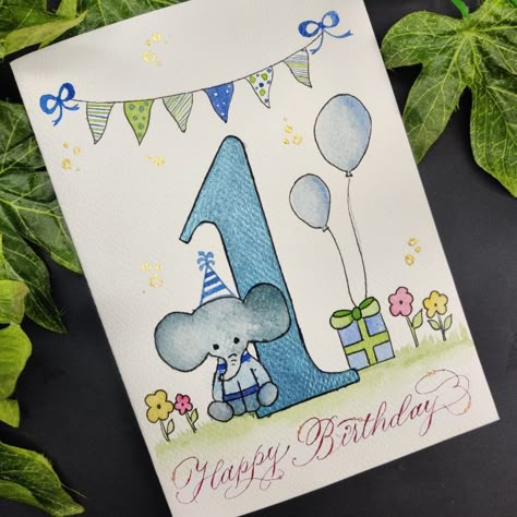 Watercolour 1st Birthday Card, First Birthday Watercolor Card, 1st Birthday Watercolor Card, First Birthday Card Handmade, First Birthday Card Ideas, 1st Birthday Card Ideas, 1st Birthday Cards Handmade, One Year Old Birthday Card, Watercolor First Birthday