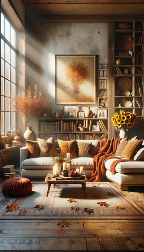 A cozy living room with an autumnal vibe. Beige sectional sofa with throw blanket draped over it. Coffee table adorned with fall decorations. Wooden console table behind sofa displaying more decor. Natural light fills the room, creating a warm atmosphere. Autumn Inspired Living Room, Sofa With Throw, Console Table Behind Sofa, Table Behind Sofa, Cozy Living Room Inspiration, Burnt Orange Decor, Sectional Sofa Beige, Autumn Decor Ideas, Beige Sectional