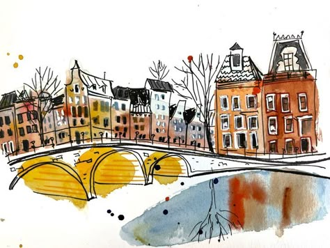 Amsterdam Bridge, Amy Stewart, Writing Painting, Art And Writing, Building Sketch, Amsterdam Canals, Writing Classes, Ink And Watercolor, Travel Sketches