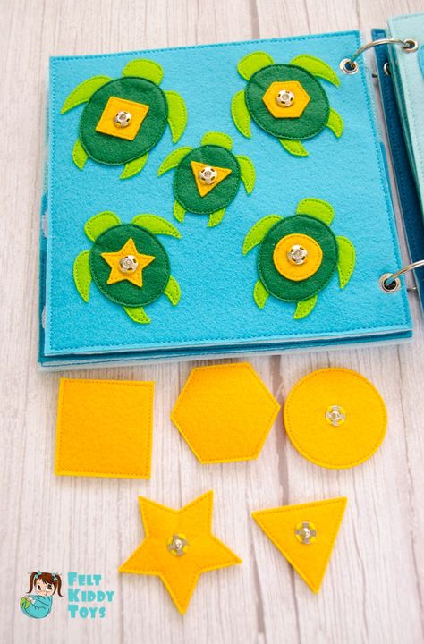 Geometric figures are attached on my beloved sew-on snap buttons, but you can use other fasterners instead. 
Pattern, Tutorial and SVG files are available for my patrons on Patreon! Harry Potter Felt, Felt Turtle, Quiet Book Pattern, Sensory Toys For Kids, Sea Pattern, Fabric Books, K Crafts, Book Pattern, Geometric Figures