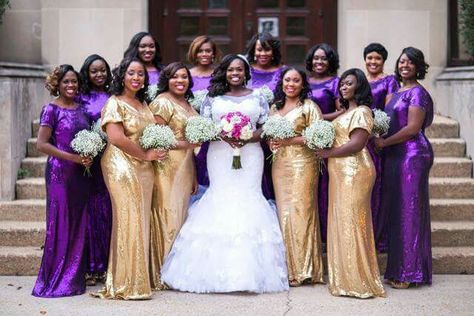 Gold And Purple Bridesmaid Dresses, Purple And Rose Gold Wedding Bridesmaid Dresses, Gold Purple Wedding Theme, Purple And Gold Wedding Theme Bridesmaid, Royal Purple And Gold Wedding Theme, Purple And Gold Wedding Dress, Purple And Gold Wedding Decorations, Rose Gold And Purple Wedding, Purple And Rose Gold Wedding