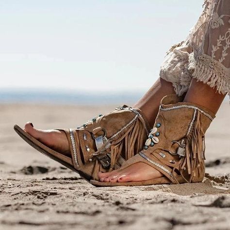 Khaki Women's Retro Fringe Flocking Beach Sandals Flats Size US 7.5 Regular (M, B) - Tradesy Fringe Flower, Gladiator Boots, Tassel Sandals, Hippie Top, Vegan Leather Boots, Strappy Platform Sandals, Ankle Sandals, Flower Sandals, Boho Sandals