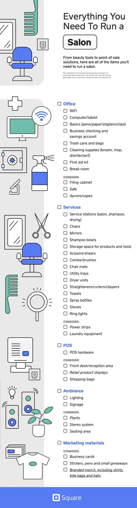 Your Essential Salon Equipment Checklist | Square Beauty Salon Checklist, Salon Supply Checklist, Things You Need To Open A Hair Salon, Nail Salon Equipment Checklist, Hair Salon Checklist, Opening A Salon Suite Checklist, Salon Manager Duties, Salon Start Up Checklist, Hair Salon Equipment Checklist