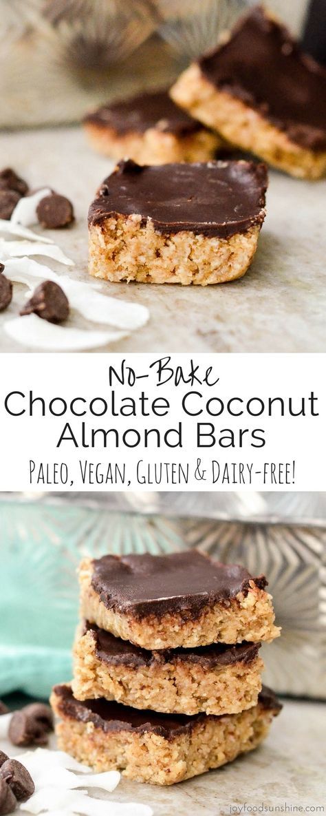 No-Bake Coconut Almond Bars Recipe! Packed full of nutritious ingredients, this healthy dessert is so easy to make! Paleo, vegan, gluten-free, dairy-free & refined sugar-free! Almond Bars Recipe, Healthy Vegan Dessert, Whole30 Recipe, Yummy Bars, Paleo Kitchen, Paleo Foods, Almond Bars, Paleo Cookies, Paleo Recipes Dessert