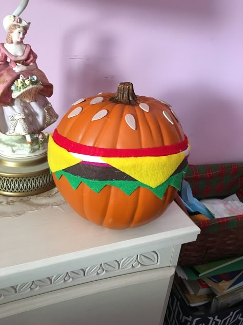 Cheeseburger Pumpkin Painting, Carnival Pumpkin Decorating, Food Theme Pumpkin Decorating, Burger Pumpkin Decorating, Hamburger Pumpkin Decorating, Food Pumpkin Painting, Motorcycle Trunk Or Treat Ideas, Pumpkin Cravings Ideas Unique, Strawberry Pumpkin Painting