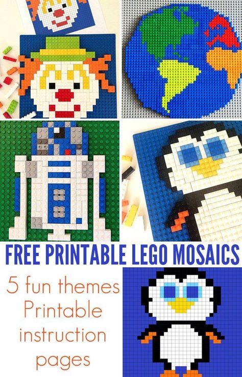 Free Lego Mosaic Printables. 5 fun themes, 15 designs. Each with a printable instruction sheet. Great for school aged kids. Toys Topic, Mosaics For Kids, Printable Lego, Lego Printables, Lego Mosaic, Modele Pixel Art, Lego Challenge, Lego Wall, Lego Club