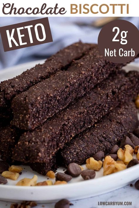 This gluten-free keto chocolate biscotti recipe is a tasty low-carb version of the Italian cookie. Almond flour makes it crisp and crunchy. Keto Chocolate Biscotti, Keto Desserts Recipes, Keto Biscotti Recipe, Low Carb Biscotti, Keto Biscotti, Biscotti Cookies Recipes, Chocolate Biscotti Recipe, Keto Pastry, Keto Favorites