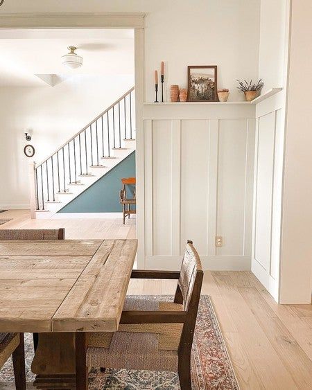 The dining room is almost complete 👌🏻 Shaded white by farrowandball is exactly the creamy taupe I was hoping for. Wanescotting Dinning Room, Dining Room With Beadboard, Tall Wainscoting Dining Room, Bead Board In Dining Room, Board And Barton Dining Room, Wainscoating Dining Area, Dining Room Chair Rail Two Tone, Beadboard Half Wall Dining Room, Neutral Modern Dining Room