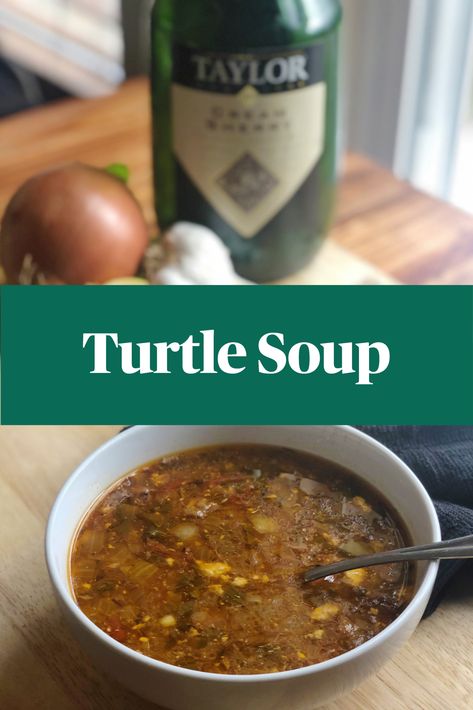 Crazy Soup Recipes, Mock Turtle Soup Recipes, Snapping Turtle Recipes, Snapper Soup Recipe, Turtle Meat Recipe, Turtle Soup Recipe, Turtle Recipes, Creole Soup, Swamp Soup Recipe