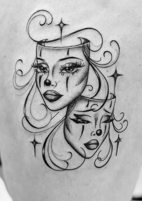 Tattoo Ideas For Hands Female, Clown Tattoos For Women, Hear No Evil Angel Tattoo, Cry Now Smile Later Tats, Female Mask Tattoo, Chicana Aesthetic Tattoos, Two Face Mask Tattoo, Laugh Now Cry Later Tats Feminine, Female Joker Tattoo