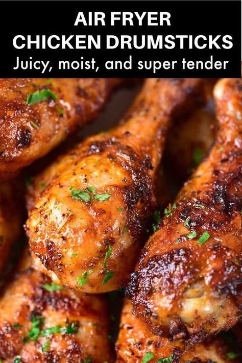 These air fryer chicken drumsticks works with chicken legs too, and take less than 14 minutes to cook! A secret ingredient guarantees the chicken is crispy on the outside and extra juicy every single time. Air Fryer Chicken Drummies, Air Fryer Baked Chicken Drumsticks, Easy Air Fryer Fried Chicken Drumsticks, Chicken Drumlets Air Fryer, Best Chicken Legs In Air Fryer, Chicken Drums In Air Fryer, Air Fryer Recipes Drumsticks, Best Air Fryer Drumsticks, Air Fry Drumsticks Recipe