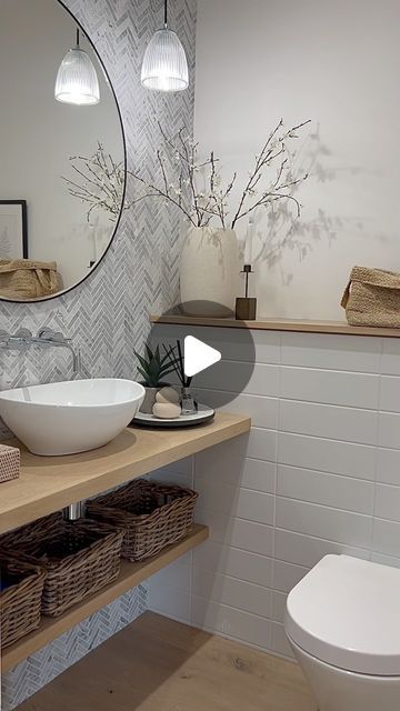 White Brick Tiles, Neptune Home, Coretec Flooring, Small Half Bathroom, Oak Worktops, New House Bathroom, Downstairs Loo, White Hydrangeas, Herringbone Tile