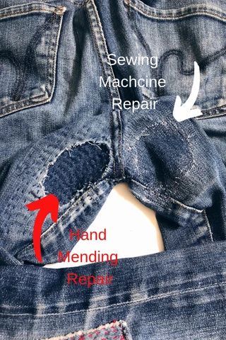 Two options for inner thigh jean repair. Visit for a quick tutorial. Boro Mending Jeans, Denim Repair Patching Jeans, Boro Jeans Repair, Mending Jeans By Hand, Sashiko Jeans Repair, Sewing Patches On Jeans, Mending Clothes By Hand, Mended Jeans, Jeans Mending