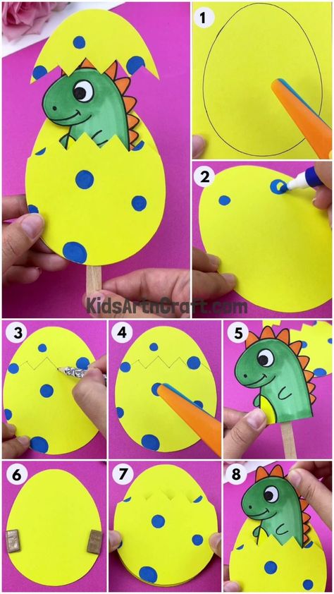 DIY Hatching Baby Dinosaur Craft Using Popsicle Stick - Kids Art & Craft Dinosaur Tracks Craft, Dinosaur Popsicle Stick Craft, Dinasour Activity For Kids, Popsicle Art For Kids, Dino Egg Craft, Dinosaur Art Projects For Kids, Dino Crafts For Kids, Stegosaurus Craft, Dinosaur Egg Craft